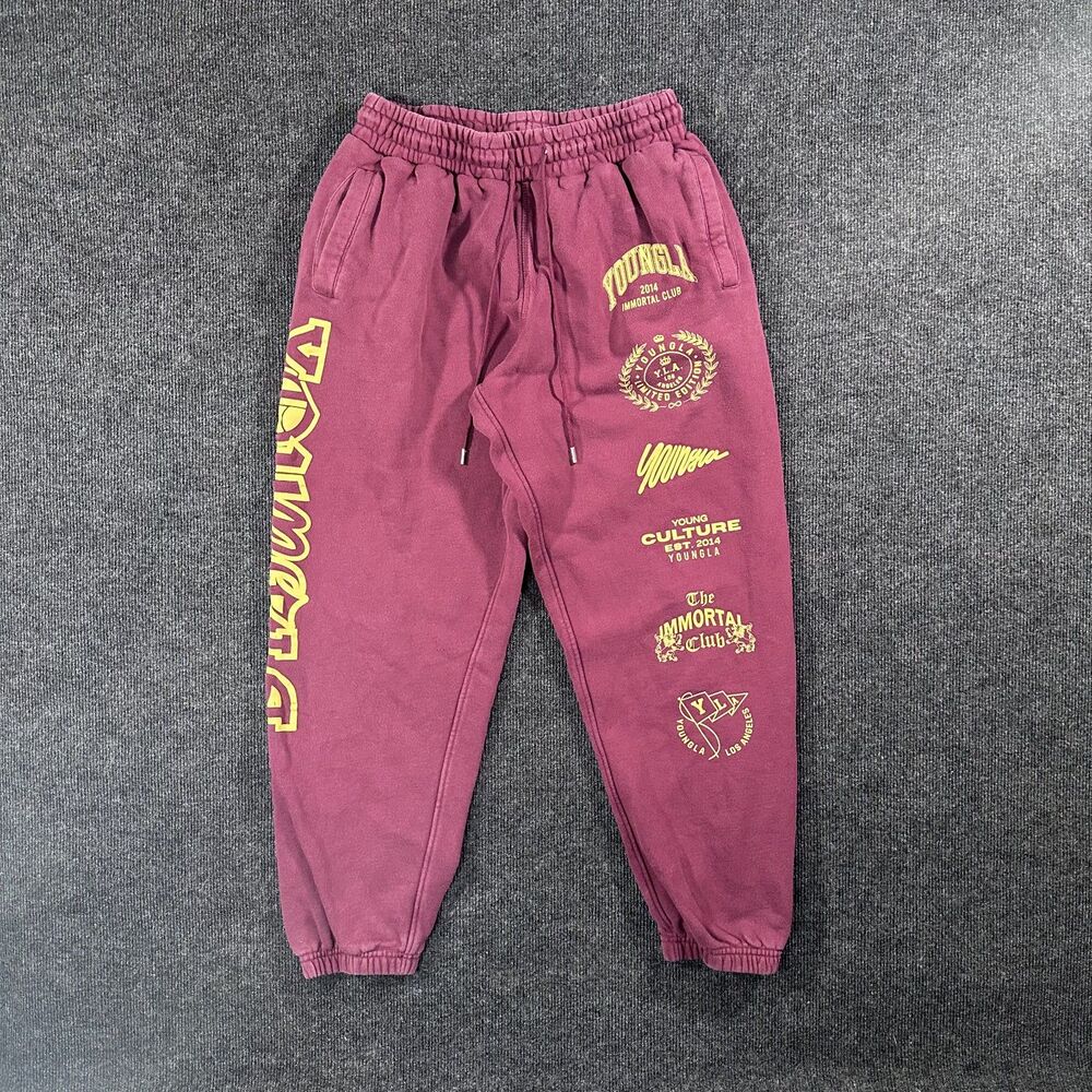 YoungLA Immortal Sweatpants Mens L Maroon Yellow Gym Workout Jogger Sweatpants